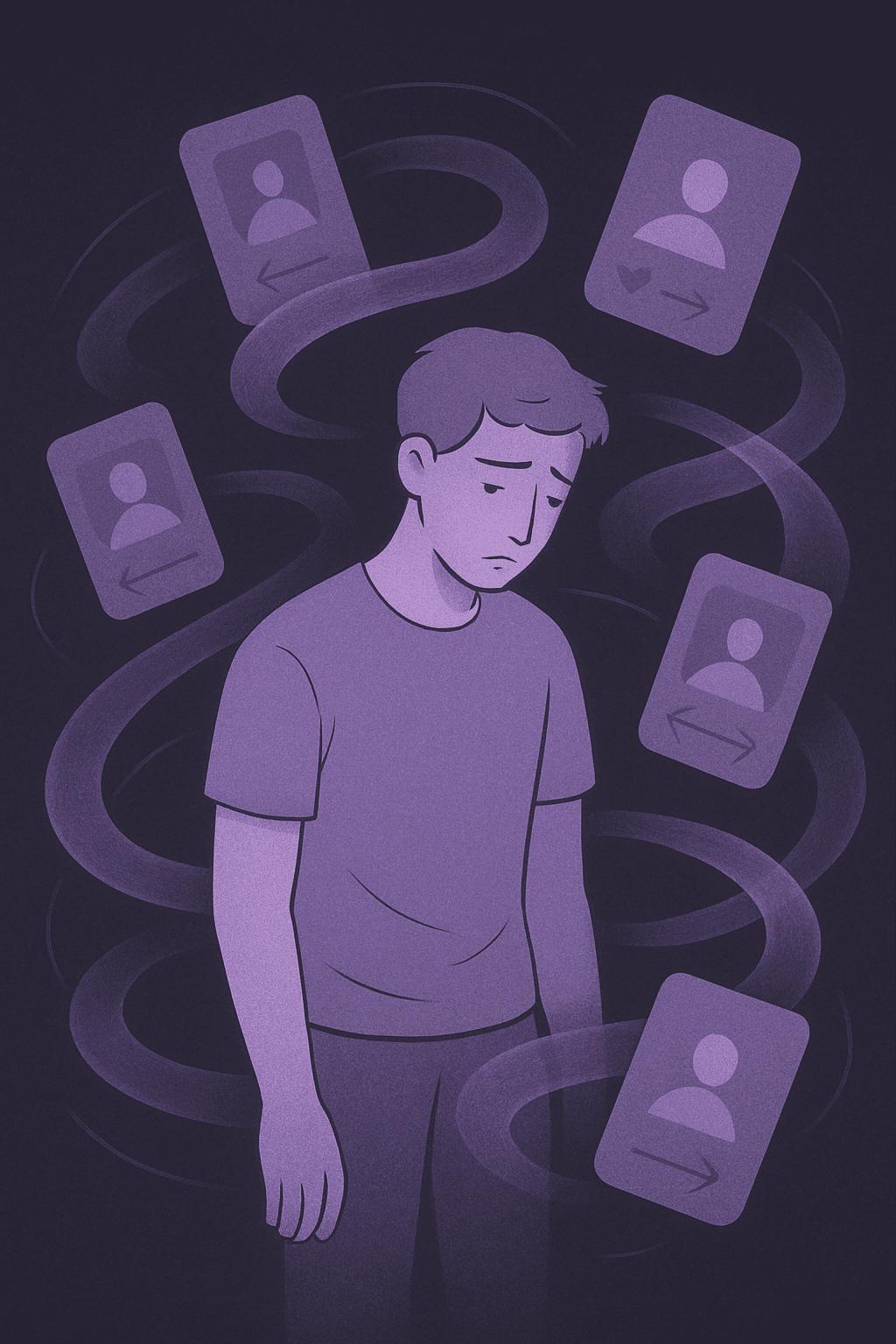 Illustration depicting dating app fatigue and frustration